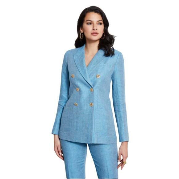 Elie Tahari Linen Blazer Blue Size 10 Double Breasted Gold Button Jacket - Picture 1 of 13